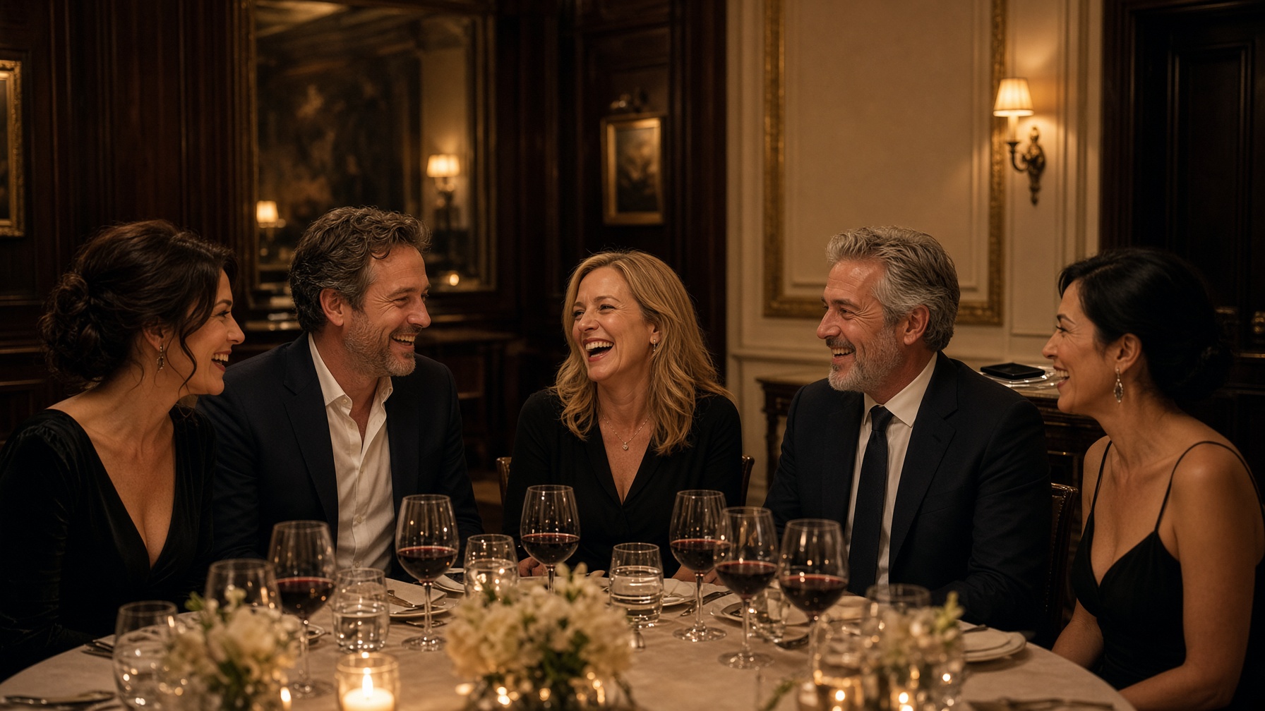 Group of well-dressed friends laughing around a candlelit table at a Manhattan private club, no phones in sight
