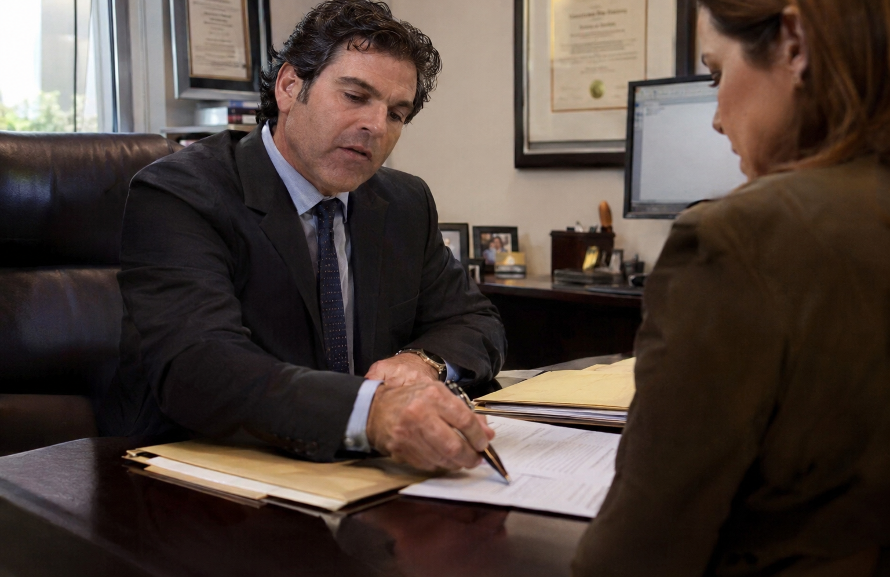 A criminal defense attorney at The Law Offices of Jonathan F. Marshall discusses legal documents with a client during a consultation in a professional law office.
