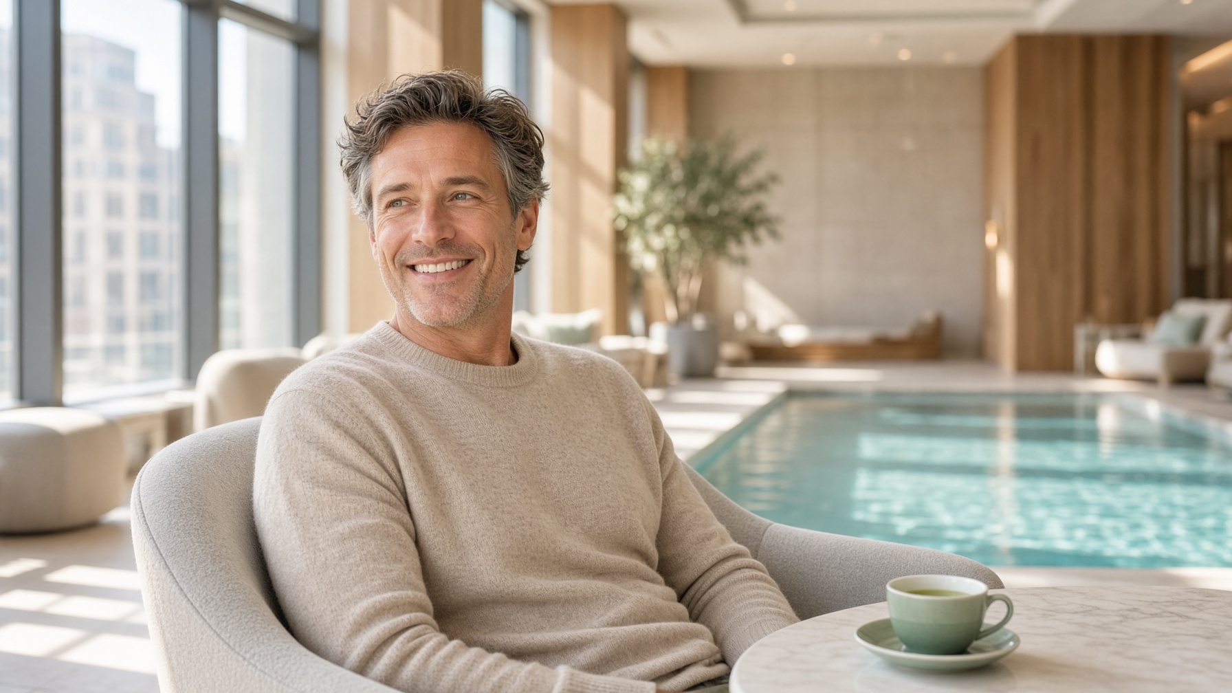 Smiling man relaxing in a bright luxury spa lounge beside an indoor pool