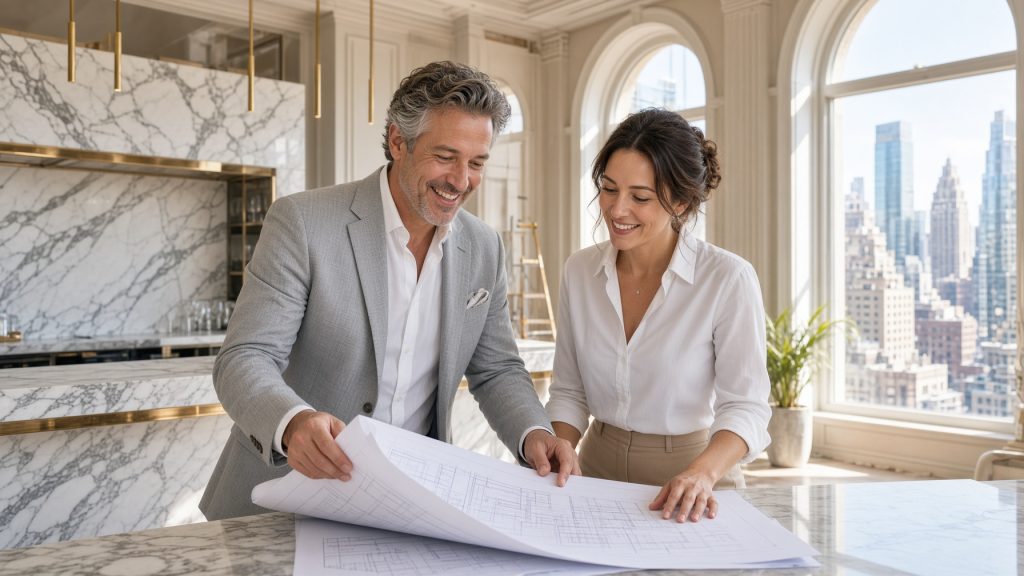 Smiling developer and architect reviewing blueprints in a bright new Manhattan club space