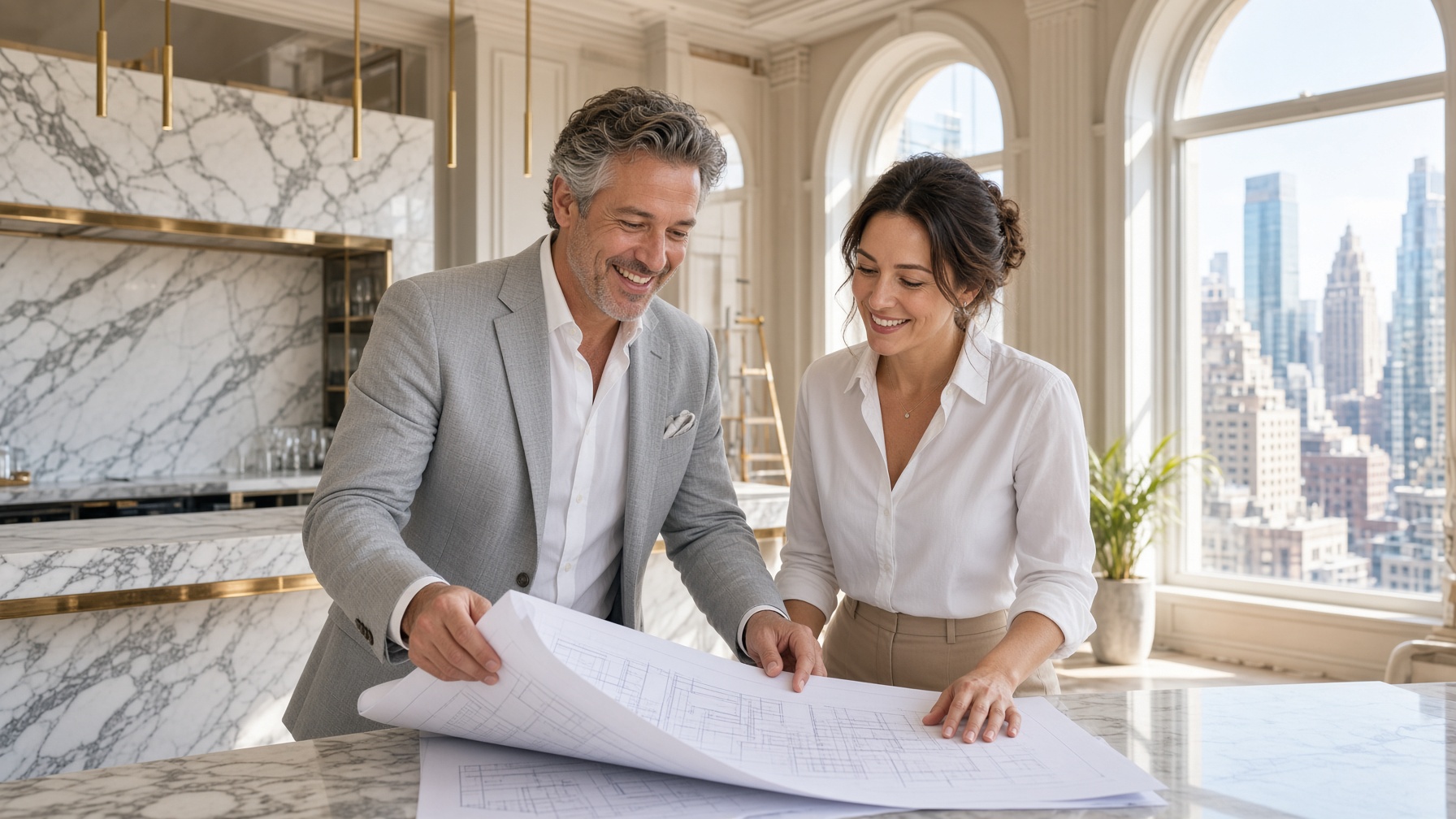 Smiling developer and architect reviewing blueprints in a bright new Manhattan club space