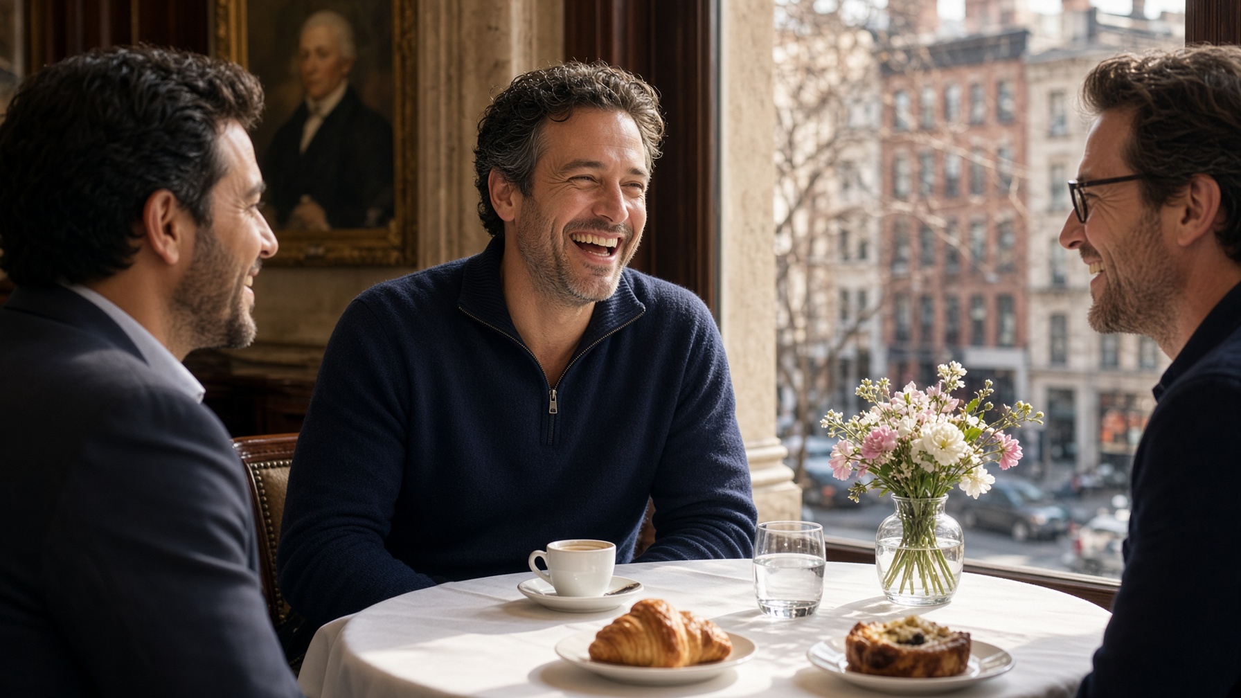 Man laughing with friends over espresso at a sunny window table in a Manhattan club